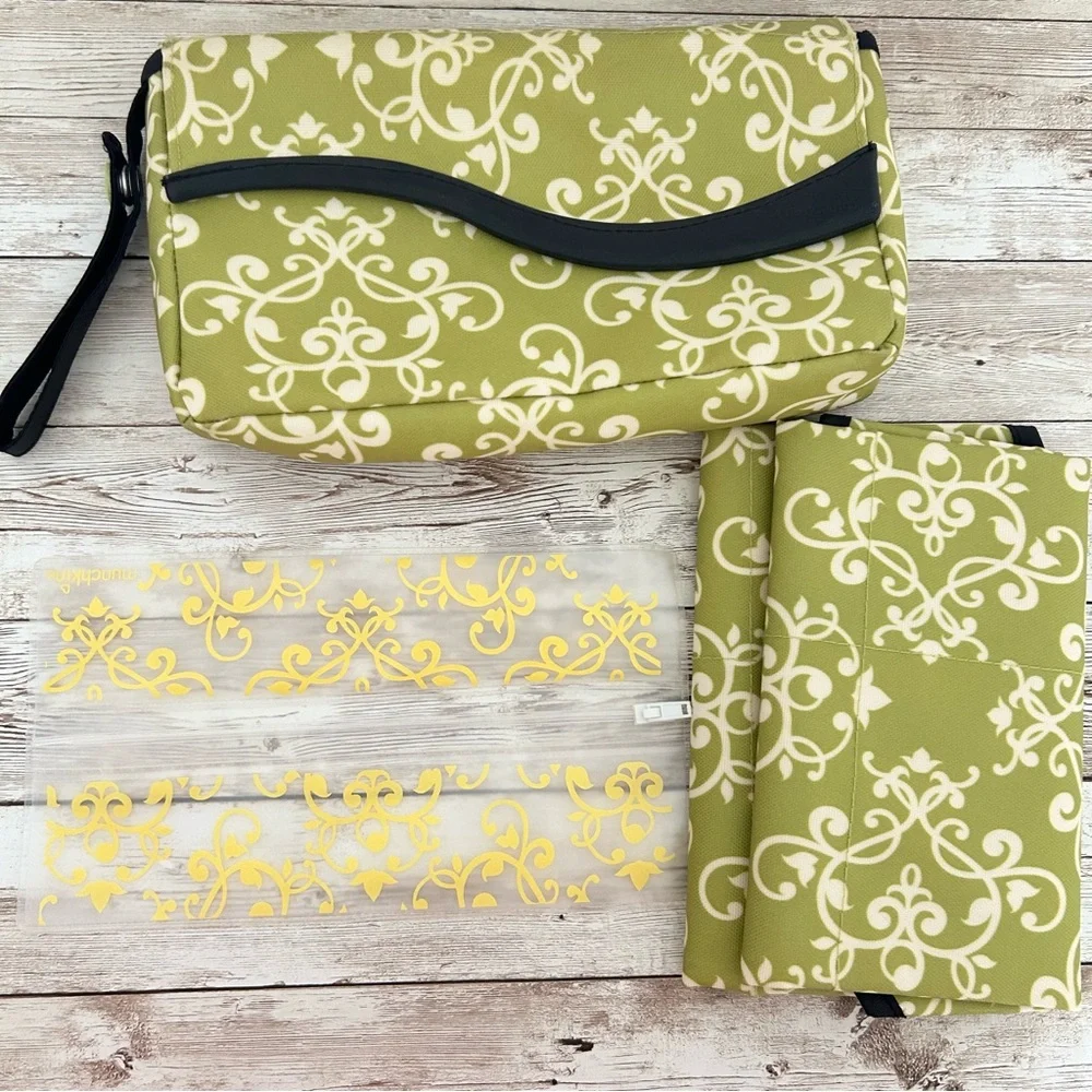 4/$25 Munchkin Diaper Change Pouch in Green & Cream Scroll Wristlet Changing Pad